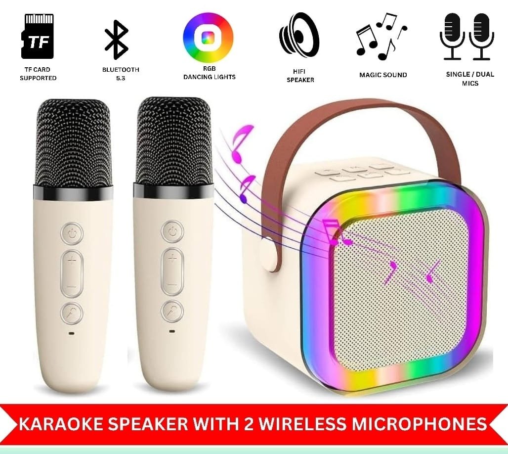 Mini Portable Blue-Tooth Karaoke Speaker with Wireless Microphone & lights. Best Gift for kids