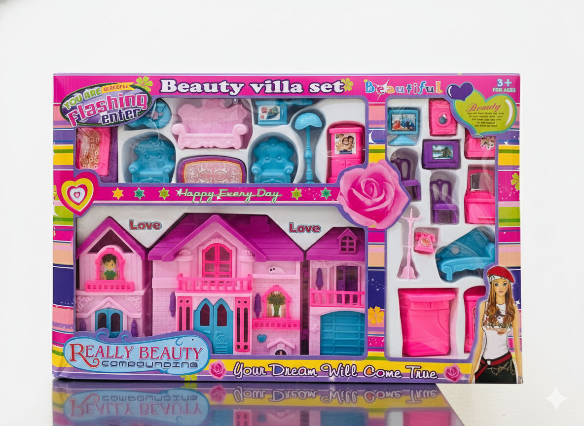 Dreamy Love Dollhouse Set – Deluxe Pink & Blue Mansion with Furniture Accessories