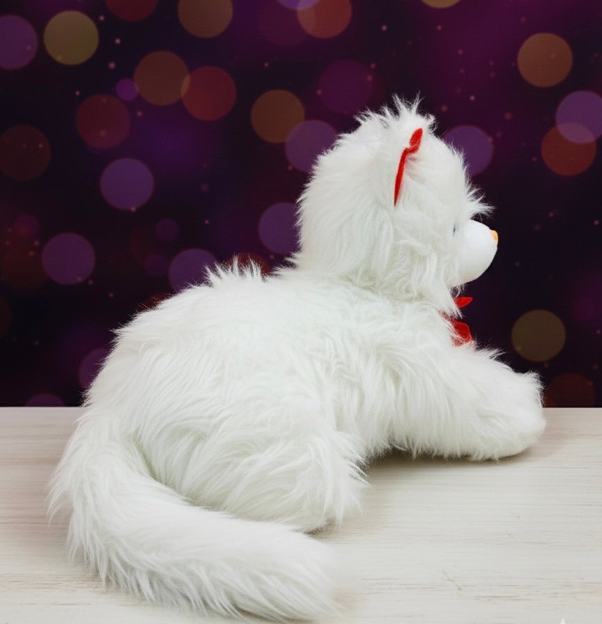 Light-Up Meowing Cat Plush – Soft White Toy with Red Bow & Ears - Image 3